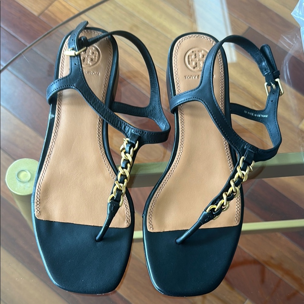 Tory Burch Black Sandals with Gold Accents